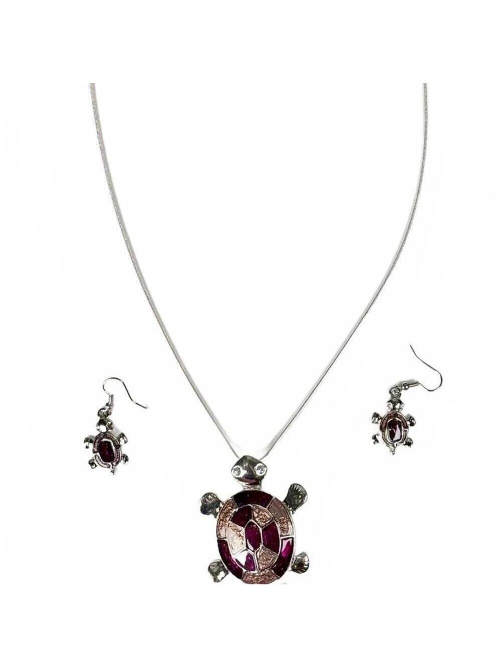 Silver Tone Purple Enamel Turtle Pendant Necklace Earrings Set Crystal Eyes